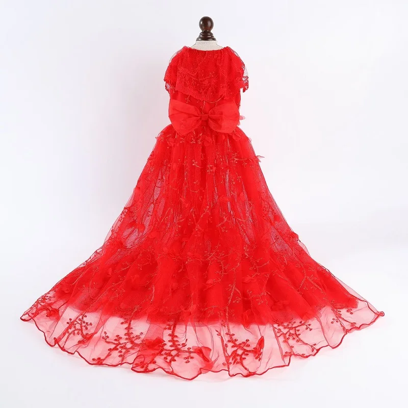 

Handmade Luxury Dog Clothes Red Wedding Dress Trailing Pet Gown Embroider Lace Flowers Simple Design Marriage Party One Piece