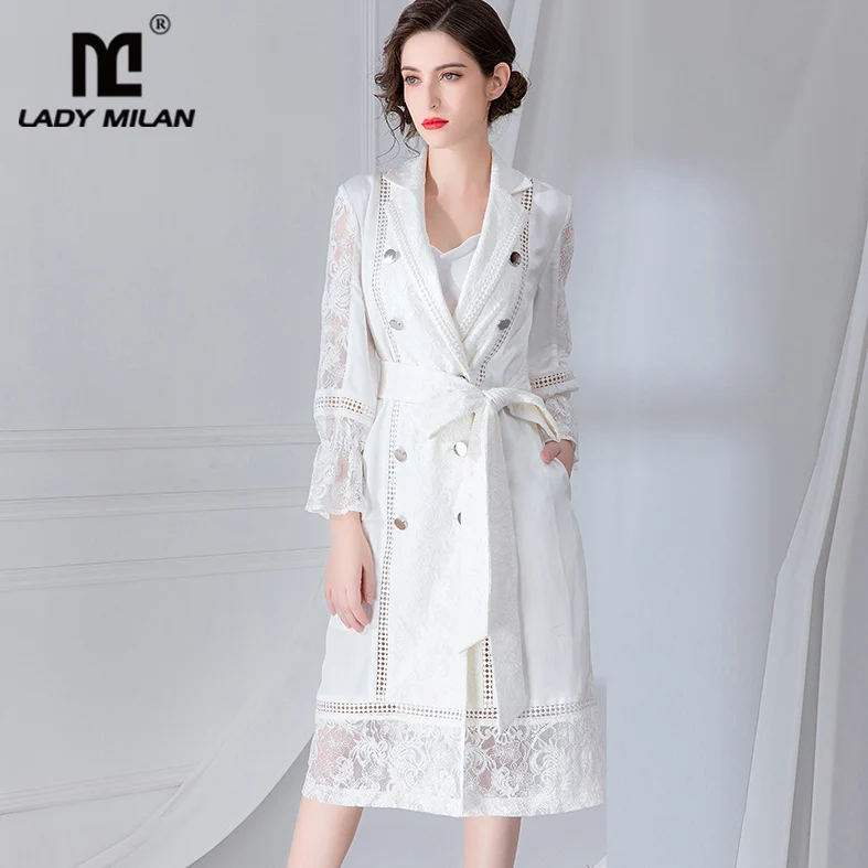 

Women's Runway Trench Coats Notched Collar Long Sleeves Embroidery Lace Hollow Out Sash Belt Fashion Autumn Outerwear Overcoats