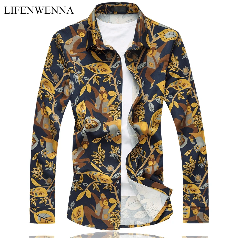 2019 Новая модная мужская рубашка с принтом обезьяны Роскошная длинным рукавом