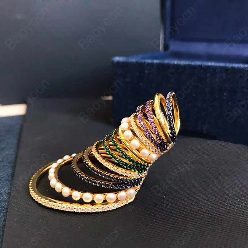 Baoyocn Роскошные стерлингового серебра 925 пробы большой разноцветный обруч ушные манжеты с жемчугом циркония круги клипсы женские модные ювелирные изделия