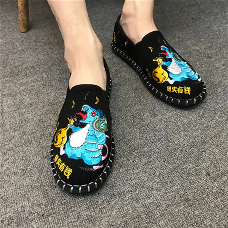 Harajuku/Эспадрильи с вышивкой в виде собаки; лоферы; обувь для влюбленных пар; женская и мужская обувь на плоской подошве; женская Тканевая обувь; износостойкий резиновый тканевый светильник - Цвет: heishu youqian