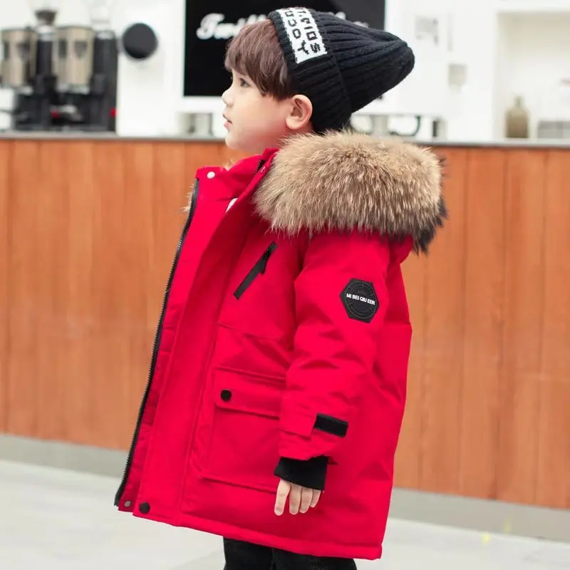 New Boys Down Jacket winter Thick Warm Outerwear Boys Kids Parka Real Fur Hooded Snowsuit Children's Glothes 10 12 14 Year