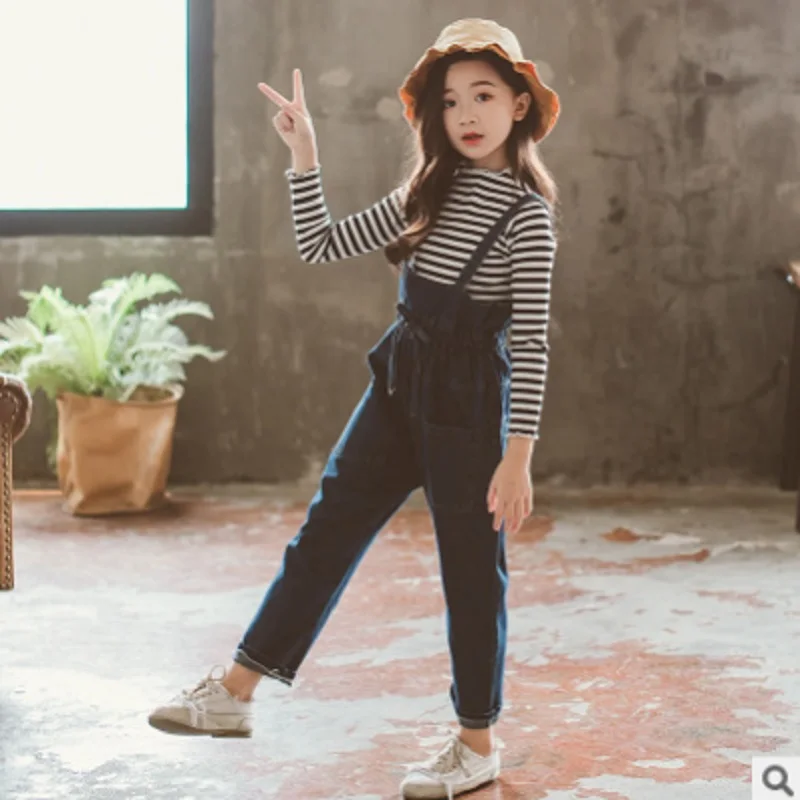 

Girls Overalls Jeans Clothing Set 2019 New Spring/Autumn Children's Kids Clothes Sets Striped Blue Color 2 Piece Size4-14 ly395