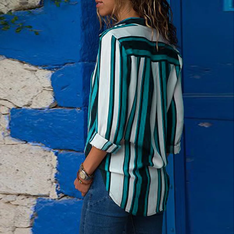 Модные осенние женские блузки в полоску, свободная повседневная полосатая рубашка с длинными рукавами и пуговицами для девочек, топ