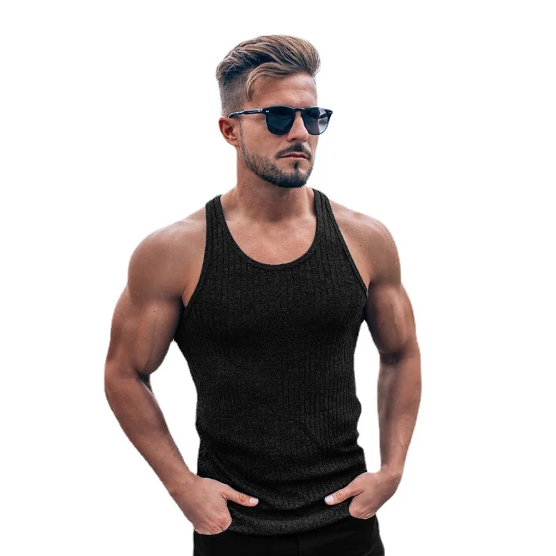 Fitness Sleeveless T Hemd Strick Slim Fit Weste Sport Streifen Gym Stringer Tank Top Männer Solide Mode Singuletts Sommer Kleidung – Detail 4
