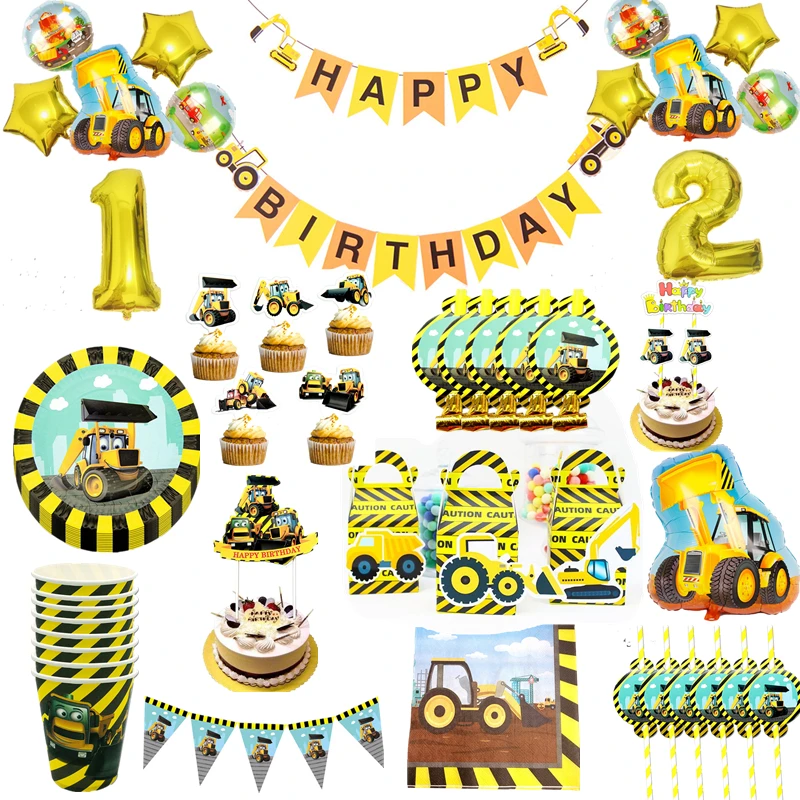 Tema de Tractor de construcción, vajilla desechable, platos de vasos de papel, servilletas, decoración para fiesta de niños, suministros para excavadora de vehículos y camiones