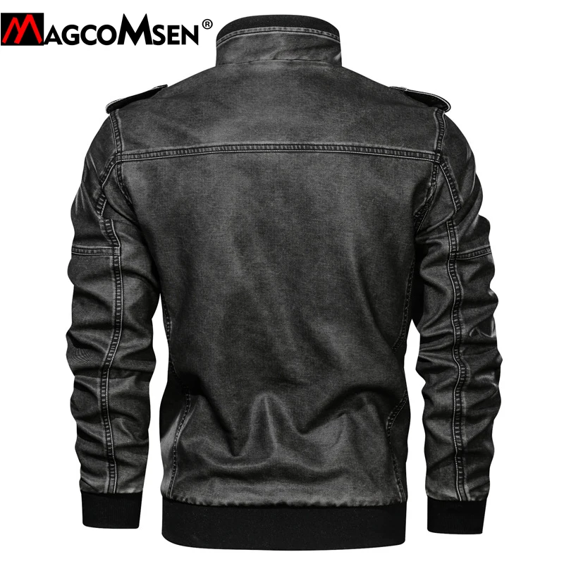 MAGCOMSEN кожаная мужская куртка в винтажном стиле со стоячим воротником, мотоциклетная байкерская куртка из искусственной кожи, модная повседневная приталенная куртка из искусственной кожи