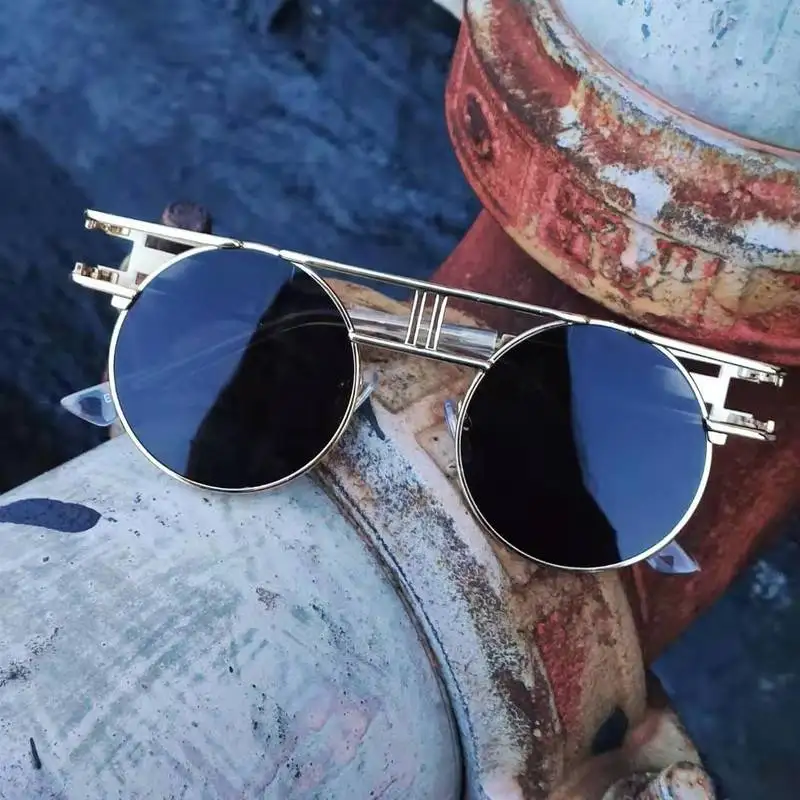 Круглый Круг мужские солнцезащитные очки в стиле стимпанк Женские винтажные солнцезащитные очки фирменный дизайн синяя зеркальная линза Oculos De Sol Shades УФ Защита