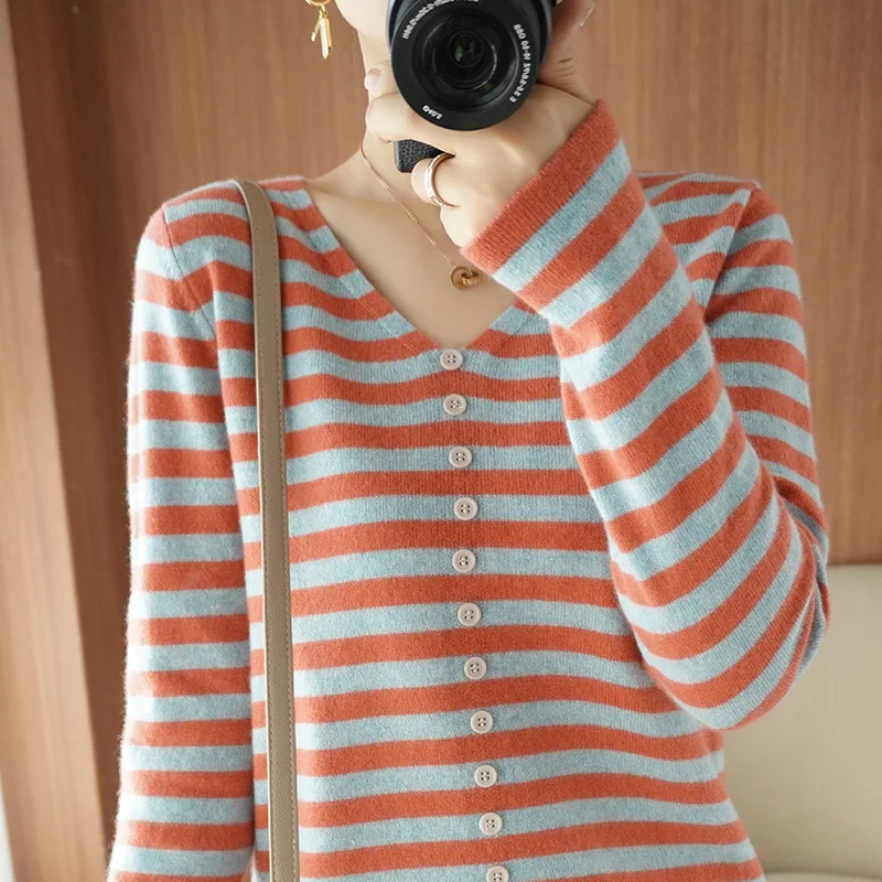 long cardigan RONGYI Spring Autumn New 100%Pure Wool Sweater Women V-Neck Striped Knit Large Size Pullovers Warm Button Cashmere Sweater Shirt christmas sweatshirt Sweaters