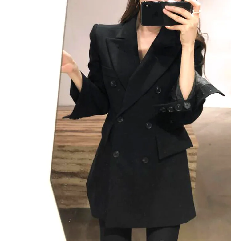 

2019 Autumn WOMEN'S Dress Korean-style Casual Black And White with Pattern Waist Hugging Mid-length Suit Double Breasted Suit Ja