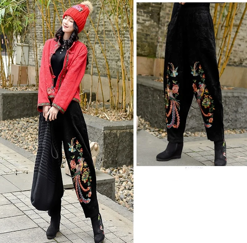 Spring Autumn Women Vintage Ethnic Wind Embroidered Harem Pants Cotton Loose Wide Leg Pants Casual Elastic Waist Trousers TA2136