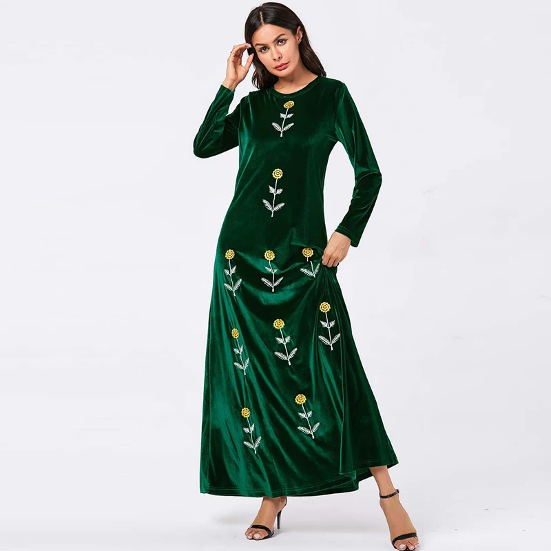Vestidos плюс размер Длинное Макси Цветочная вышивка бархатное платье женские платья Sukienki ropa mujer Robe Longue Femme Elbise