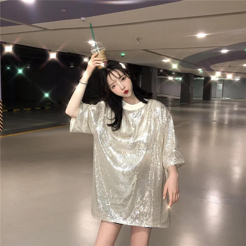 Летние женские футболки, Япония, Ulzzang, милая Повседневная Свободная футболка с коротким рукавом и пайетками, женский милый топ Ins, шикарный Топ для женщин, туника