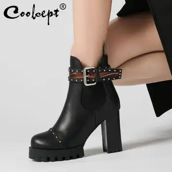 

Coolcept Sexy Women Genuine Leather Ankle Boots Platform Square Heels Buckle Rivets Black Boots Party Fashion Botas Size 34-42
