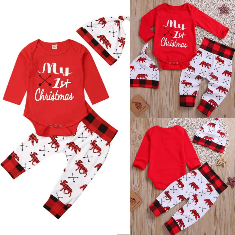 3pcs Cotton Baby Outfit Clothes Cute Christmas Newborn Sets Toddler First Xmas Cartoon Printed Romper Trousers Hat Baby's Set