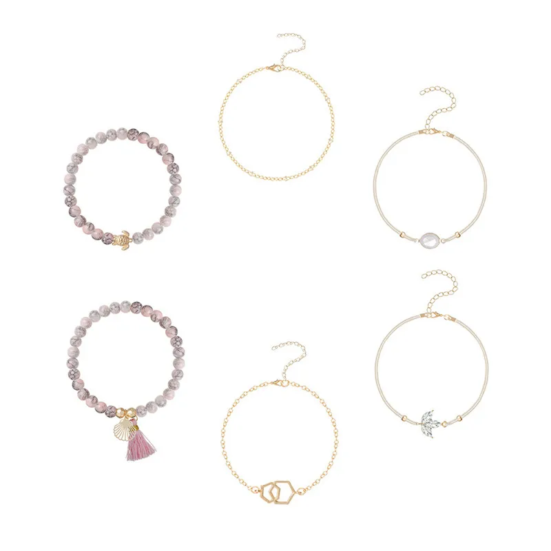 6 Pcs/ Set Women Bracelets Set Boho Gem Shell Turtle Leaf Bead Chain Leather Multilayer Bracelet Charm Lady Gold Jewelry Gift