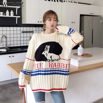 

WITHZZ Autumn Winter Long Lazy Style Ladies Loose Cute Sweater Round Neck Pullover Jacket Sweater