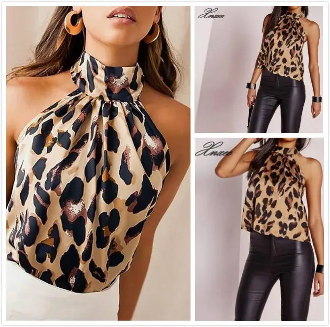 Women Blouses Sexy Leopard Print Ladies Shirts And Tops Halter Blouse Sexy Sleeveless Tops Womens Clothing Summer Female Blouses