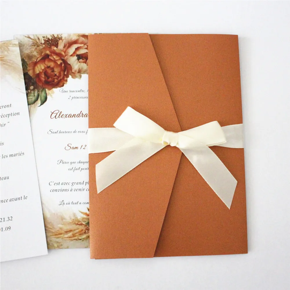50Pcs Blank Copper Wedding Invitations Pockets With Envelopes and Ribbons For Party Invite Custoized Text Printing