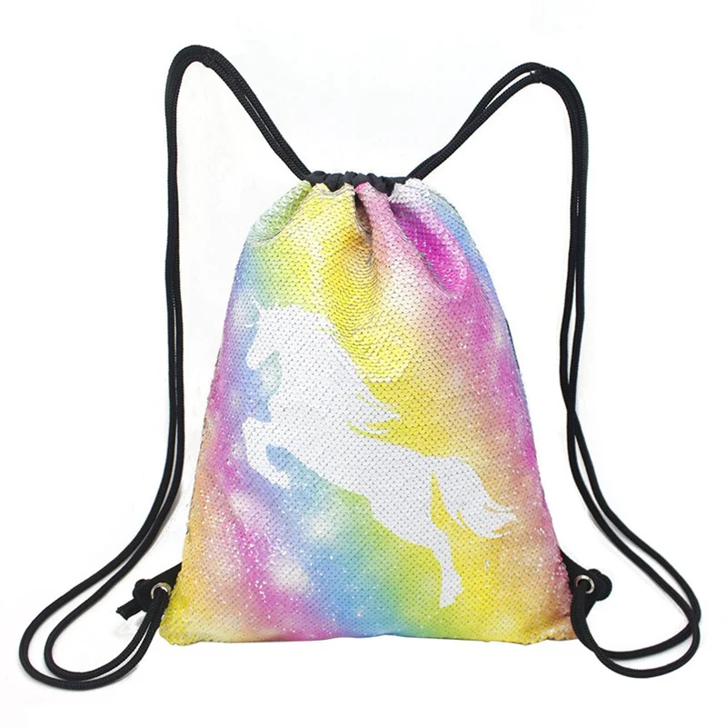 

3D Printing Unicorn Sequins Drawstring Bag For Girls Travel Beach Storage Package Kids Cartoon School Backpacks Children Party