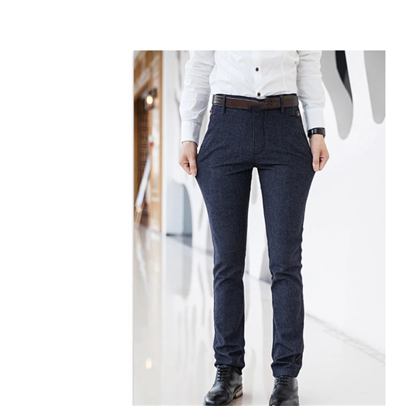 Autumn Winter High Quality Cotton Linen Solid Color Casual Pants Pocket Leather Medal Badge Men's Business Fashion Slim Trousers