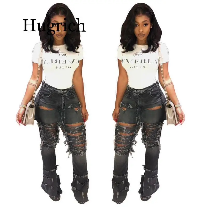 

Plus Size Sexy Hole Ripped Flare Jeans Women Streetwear High Waist Wide Leg Denim Pants Bell-Bottoms Trousers Female 2020