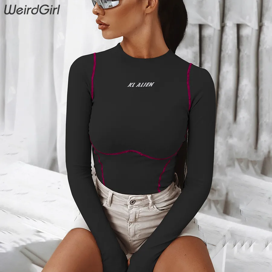 Weirdgirl women letter reflective bodysuits stripy new autumn thumb hole full sleeve solid elastic slim female trousers