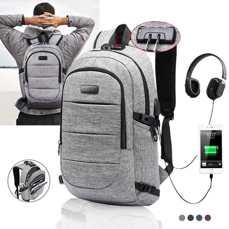 gray backpack Роскошный рюкзак Оксфорд водонепроницаемый ноутбук рюкзаки для мужчин и женщин путешествия с usb зарядка Противоугонная дорожная сумка - Цвет: gray backpack