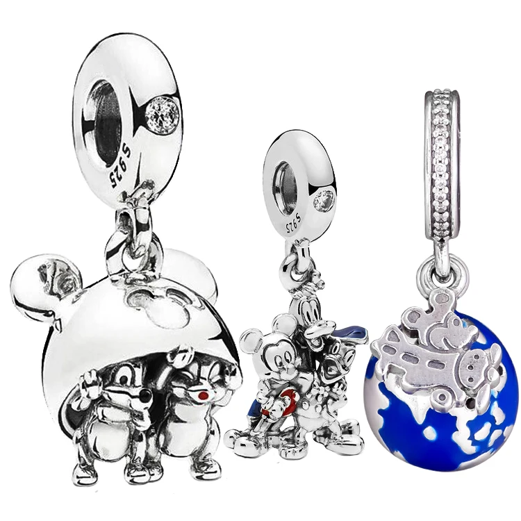 

925 Sterling Silver Bead Charm Blue Enamel Mickey World Travel Pendant Beads Fit Pandora Bracelet Bangle Diy Jewelry