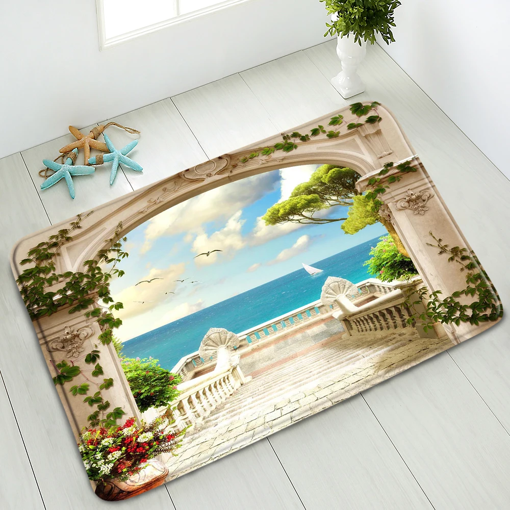 

European Style Street Non-Slip Bathroom Mat Ocean Flowers Green Leaves Plants Natural Scenery Washable Doormat Absorbent Carpet