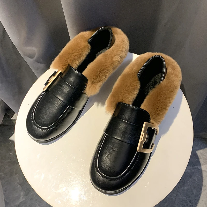 all match fur buckle slip-on moccasins winter new student outside casual loafers brand genuine rabbit hair warm women shoes