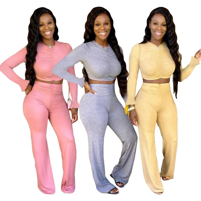 

2020 New Autumn Woman Suit Hot Style Model Pleated Long Sleeves & Wide Leg Trousers European and American 2 Piece Set Women