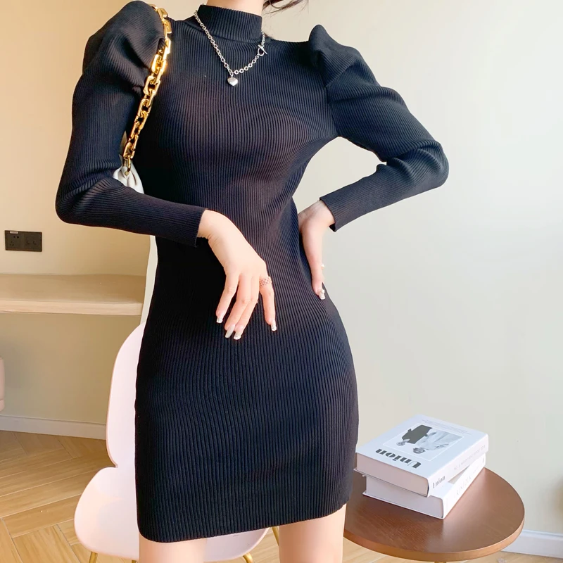 Women Knitting Full Puff Sleeve Base Sweaters Dresses Girls Slim Turtleneck Mini Sheath Knitwear Dress Real Photos dresses to wear to a wedding