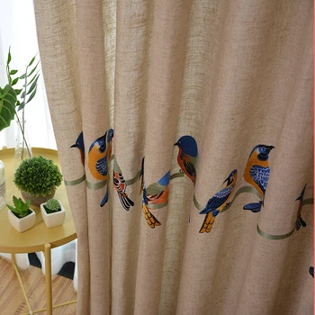 

Bird Embroidered Blackout Curtain for Living Room Pastoral Rural Cotton Linen Delicate Bay Window Treatment Drapes wp432C