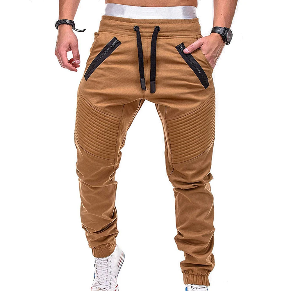 Men Fashion Drawstring Zip Strips Pockets Ankle Tied Long Pants Sports Trousers Drawstring Ankle Joggers Sweat Casual Pants
