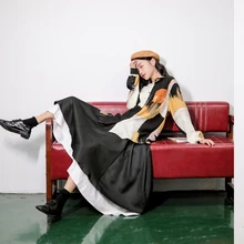 Новинка, осенняя Женская юбка, Лоскутная, высокая талия, детская, длинная, половина, двойная, плиссированная, черная, A428