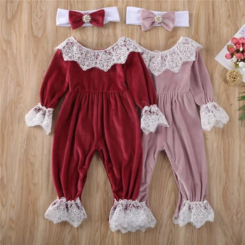 

Lace Floral Cute Baby Girls Rompers High Waist Pleated Little Ladies Newborn Girl Lace Velvet Plush Romper Outfits