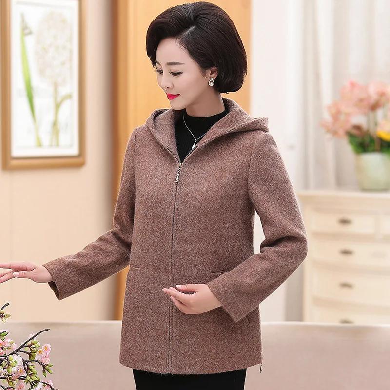 

Middle-aged WOMEN'S Apparels Spring And Autumn Hooded Woolen Cloth Tops 40-Year-Old 50 Middle-aged Mom Autumn And Winter Casual