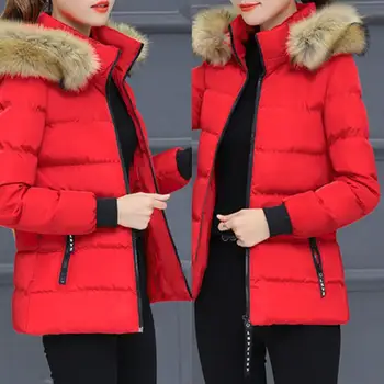 

Winter Women Solid Color Zipper Faux Fur Hooded Sliming Short Cotton Coat Down Jacket