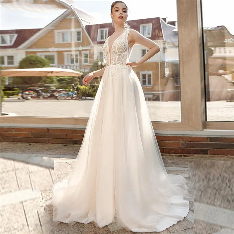 Double V Neck Lace Wedding Dresses 2021 Appliques Sleeveless Beach Bridal Gowns Open Back A line Boho Vestido De Noiva | Свадьбы и