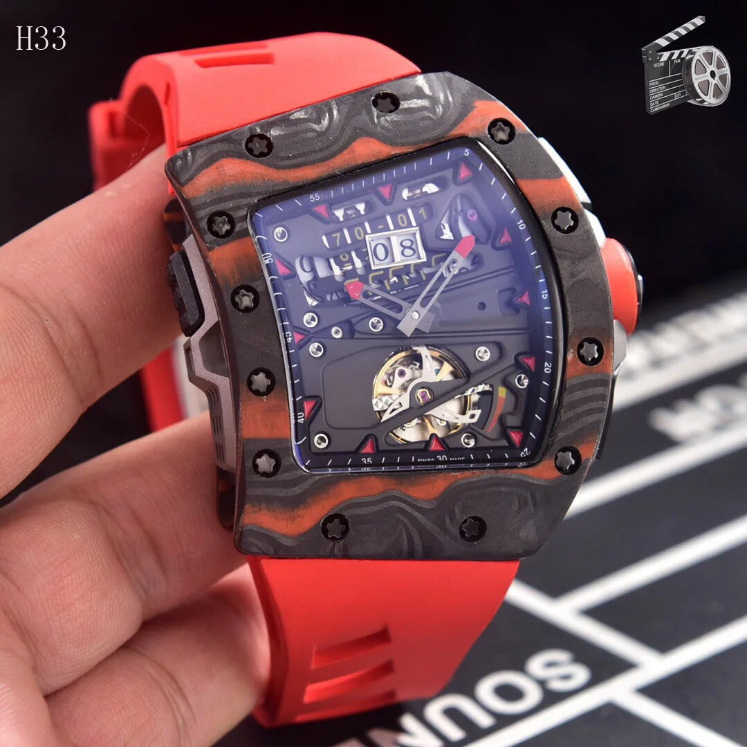 

Luxury Brand New Men Watch Automatic Mechanical Fashion Red Black Rubber Strap Watches Tourbillion Limited Sport Carbon Fiber
