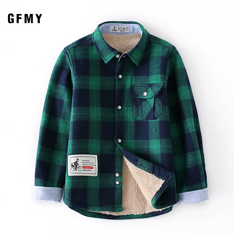 green lattice GFMY/ г., зимняя модная Вельветовая рубашка в клетку с длинными рукавами из хлопка для мальчиков От 3 до 12 лет повседневная одежда для больших детей может быть пальто - Цвет: green lattice