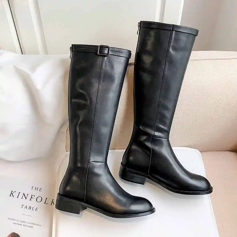 Krazing pot/популярные классические модные сапоги в жокейском стиле из коровьей кожи; зимние теплые сапоги до бедра на молнии с круглым носком на среднем каблуке; L80