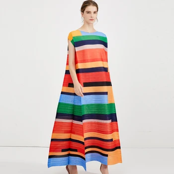 

Women Summer Dress Oversized Pleated printed casual dress elegant loose plus size robe colorful Strip contrast vacation dress