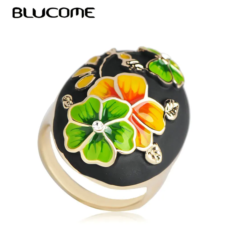 Женское кольцо с эмалью Blucome зеленое и желтое вечерние ЦО большого размера