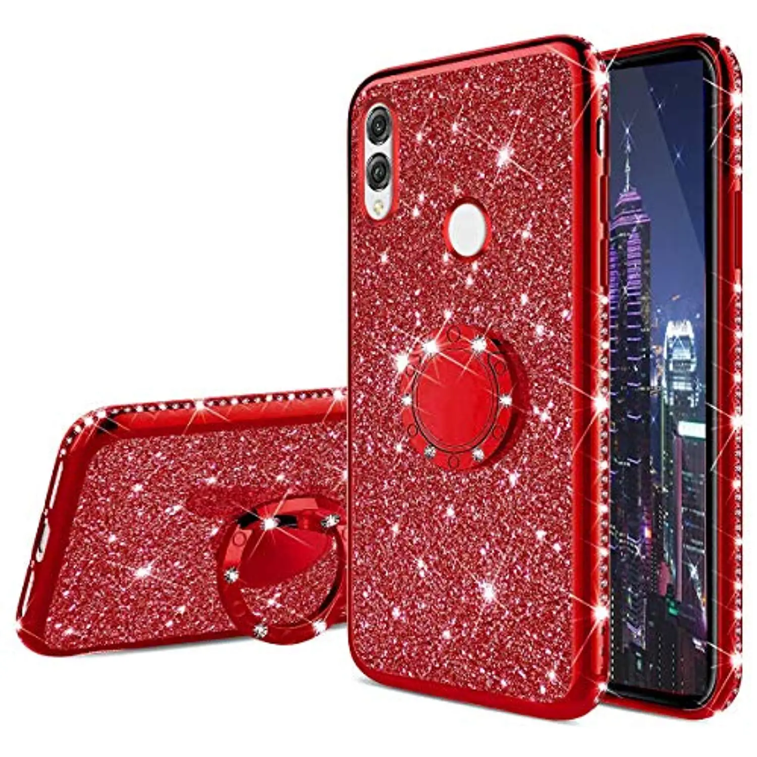 

Luxury Ring Holder Stand Diamond Case for Huawei Honor 10 Lite 9 View 20 8A 8X 9X Pro Cover TPU Soft Glitter Plating Phone Cases