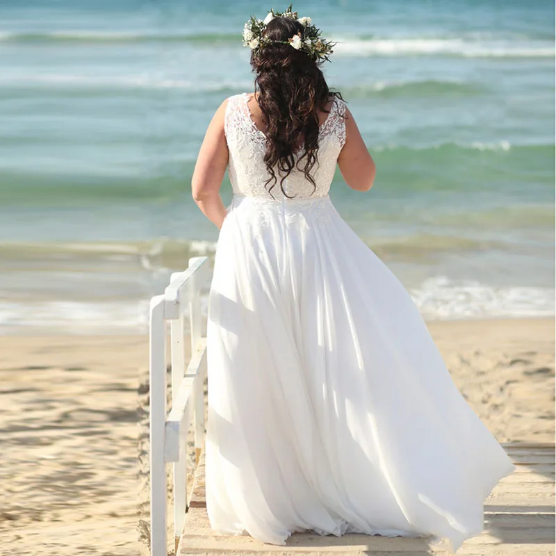 Один элемент Империя Пляж Плюс Размер Свадебные платья из шифона Аппликации Свадебные платья