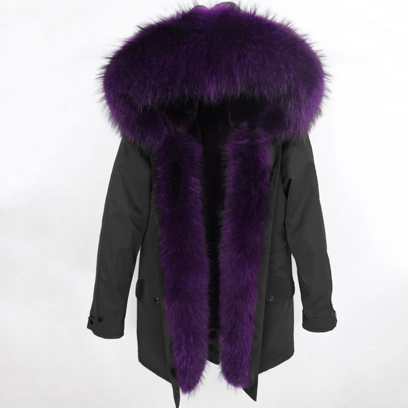 Водонепроницаемая длинная парка новая зимняя куртка женская шуба из натурального меха енота меховой капюшон, воротник Толстая теплая верхняя одежда уличная - Цвет: black purple