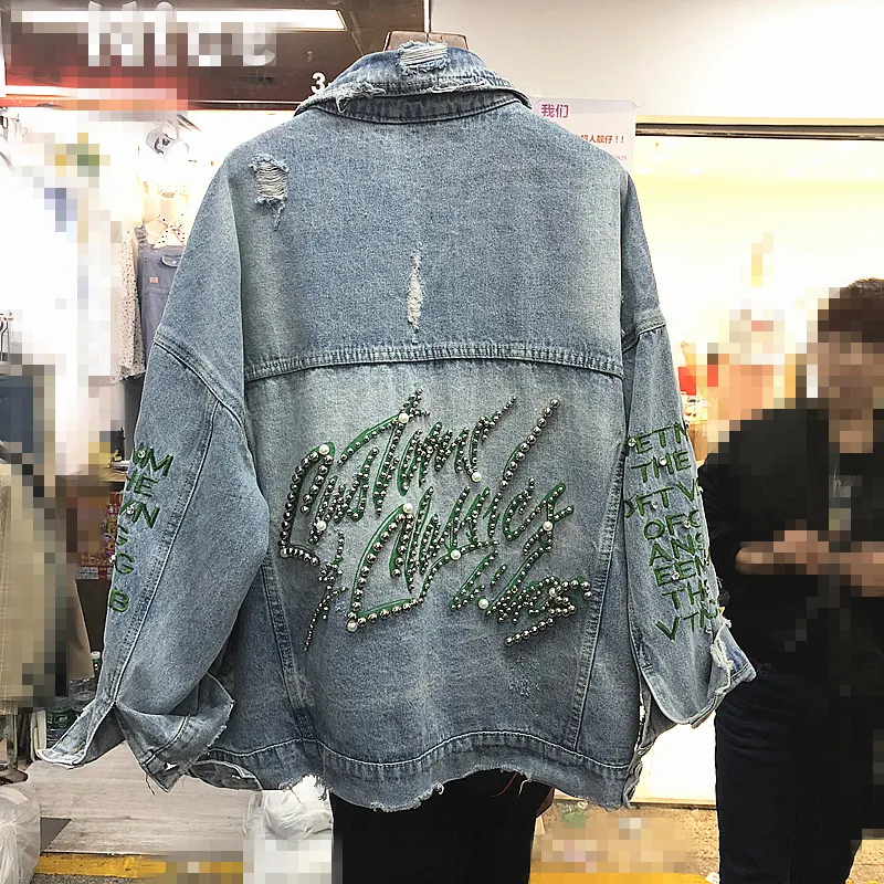 

2019 new heavy work beaded embroidery letters loose lapel hole casual denim jacket
