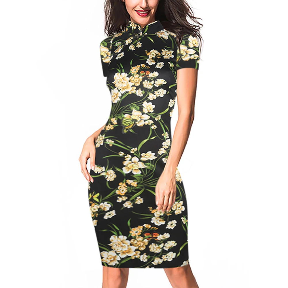 Женское винтажное платье Qipao большого размера, Женский чонсам, облегающее платье с принтом, воротник-стойка, ретро одежда в китайском стиле, 5xl